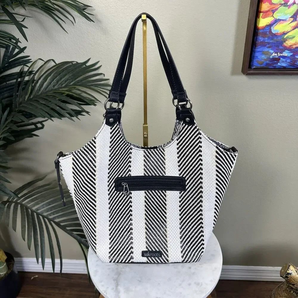 sakroots Large Hobo convertable Creme Black Brown Snaps Owl charm Tassels logo